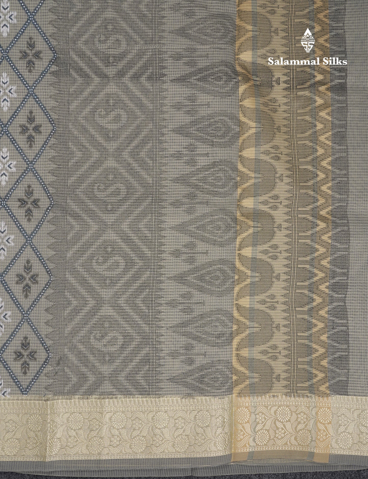 Beautiful Grey White Kota Cotton Fancy Saree With Contrast Cream Sandal Thread Work Border