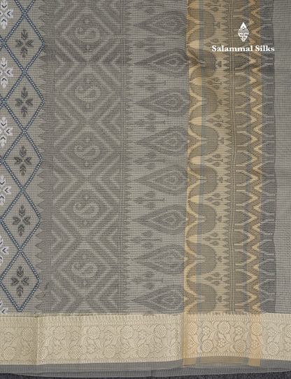 Beautiful Grey White Kota Cotton Fancy Saree With Contrast Cream Sandal Thread Work Border