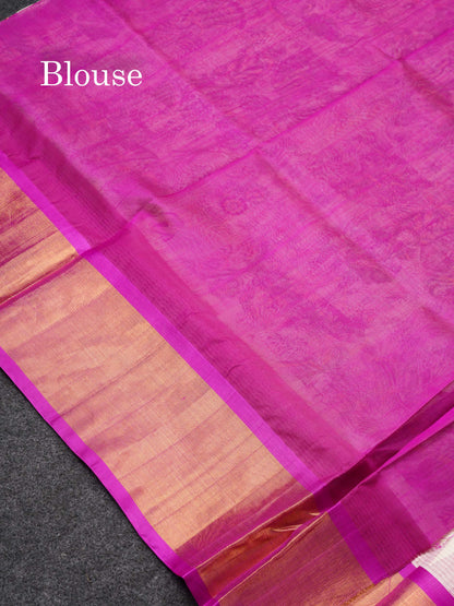 White Printed Pure Silk Cotton Saree With Contrast Vadamalli Traditional Temple Border