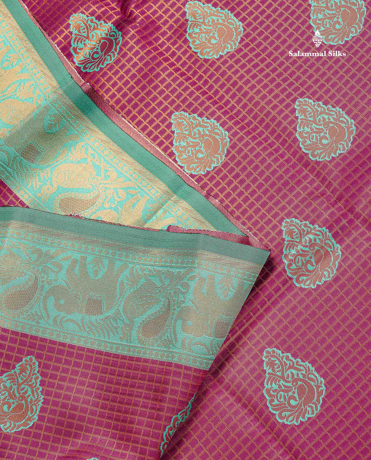 Semi Silk Saree - Magenta Colour Body Small Checks With Butta & Sea Green Traditional Evening Morning Border