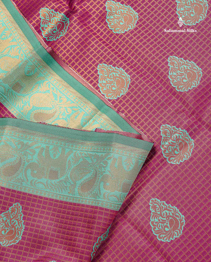 Semi Silk Saree - Magenta Colour Body Small Checks With Butta & Sea Green Traditional Evening Morning Border