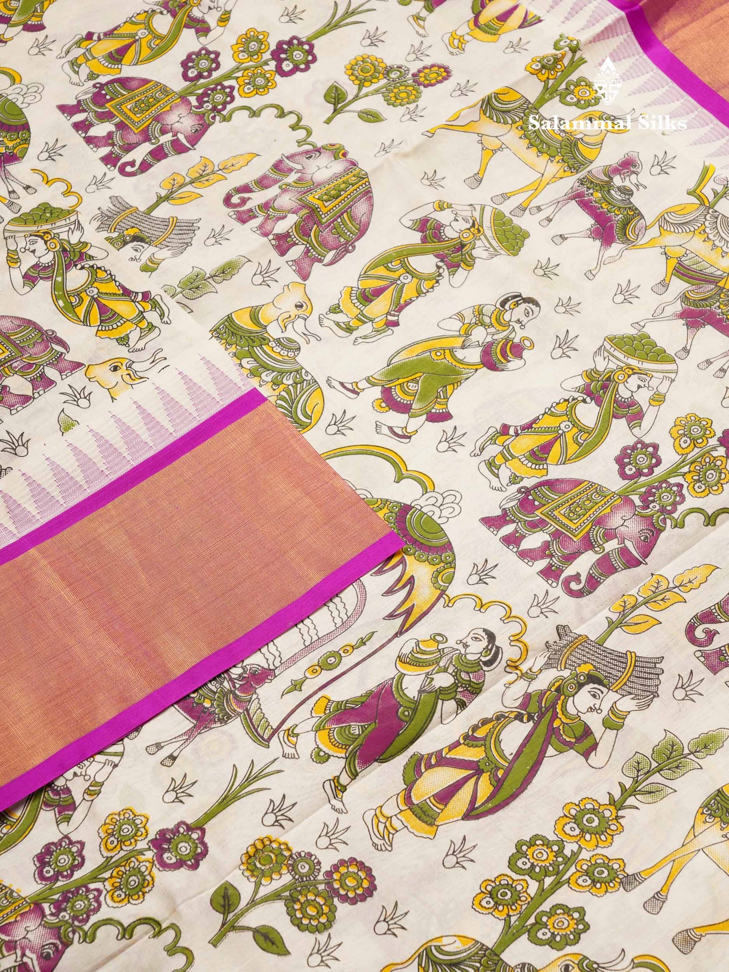 White Printed Pure Silk Cotton Saree With Contrast Vadamalli Traditional Temple Border