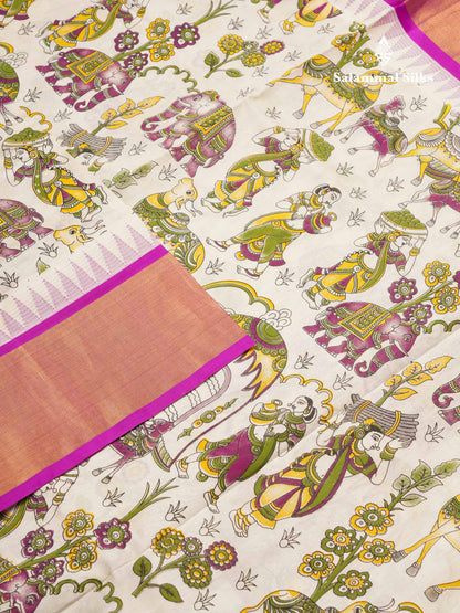 White Printed Pure Silk Cotton Saree With Contrast Vadamalli Traditional Temple Border