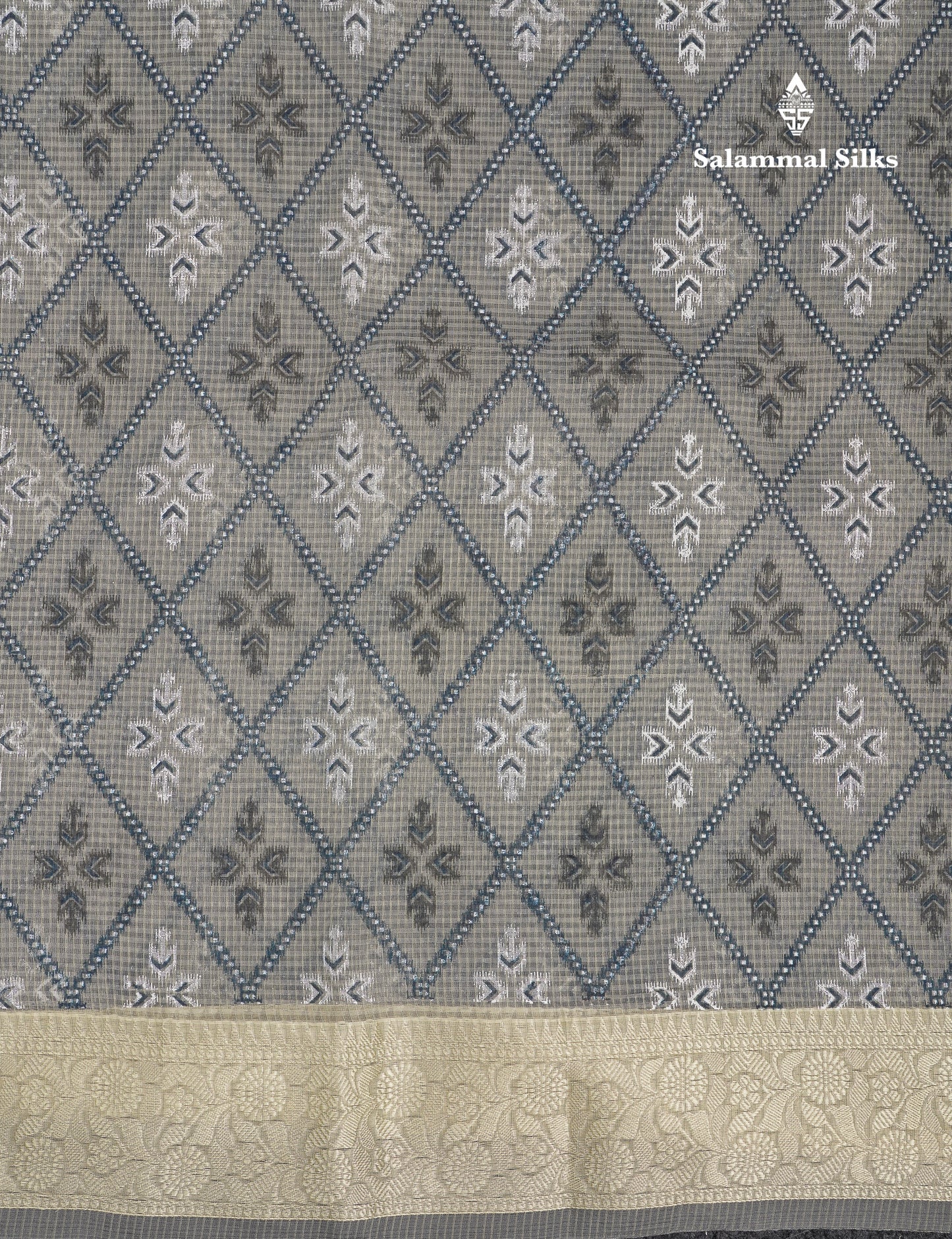 Beautiful Grey White Kota Cotton Fancy Saree With Contrast Cream Sandal Thread Work Border