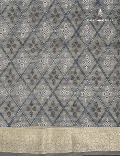 Beautiful Grey White Kota Cotton Fancy Saree With Contrast Cream Sandal Thread Work Border