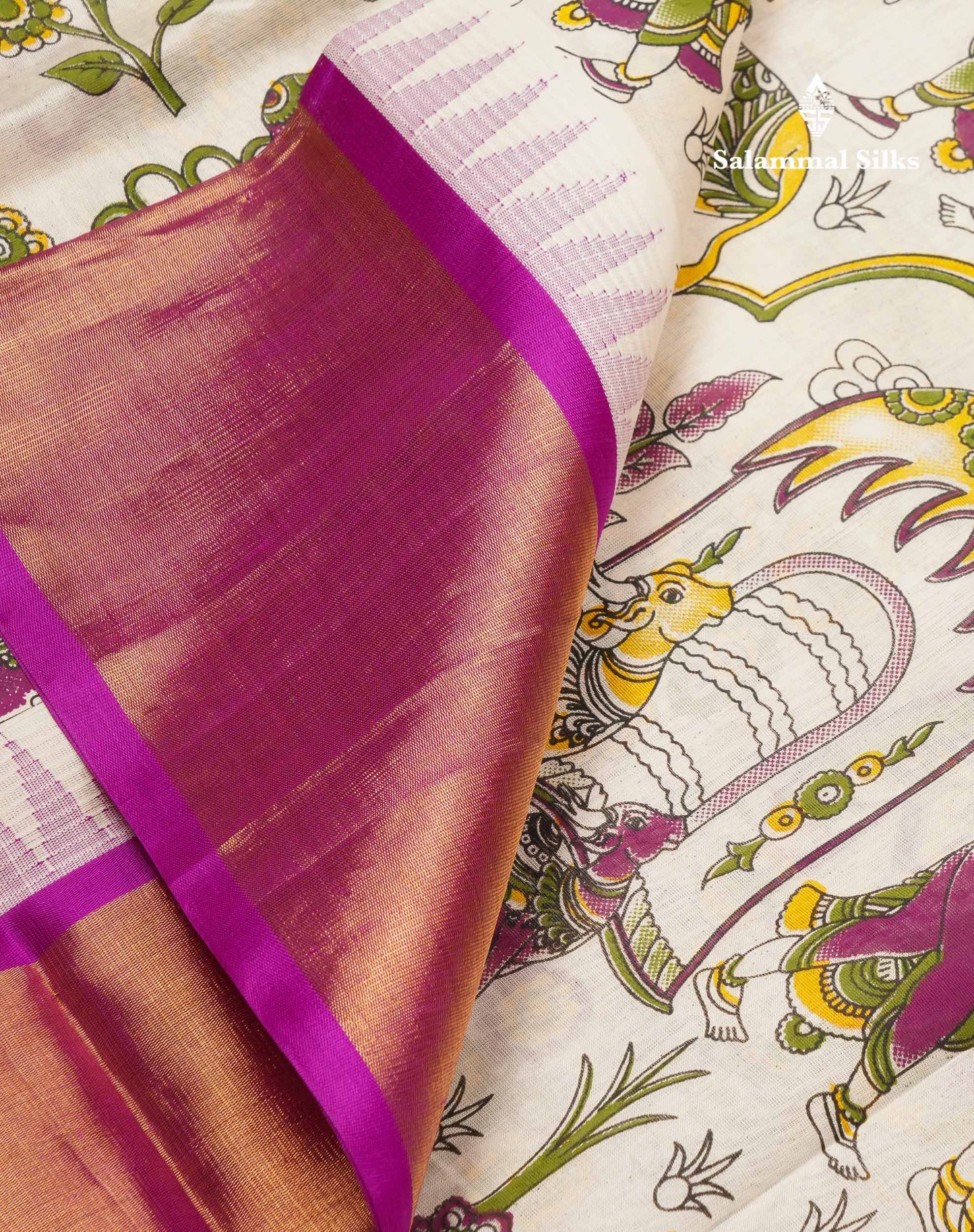 White Printed Pure Silk Cotton Saree With Contrast Vadamalli Traditional Temple Border