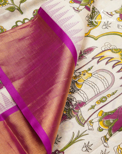 White Printed Pure Silk Cotton Saree With Contrast Vadamalli Traditional Temple Border