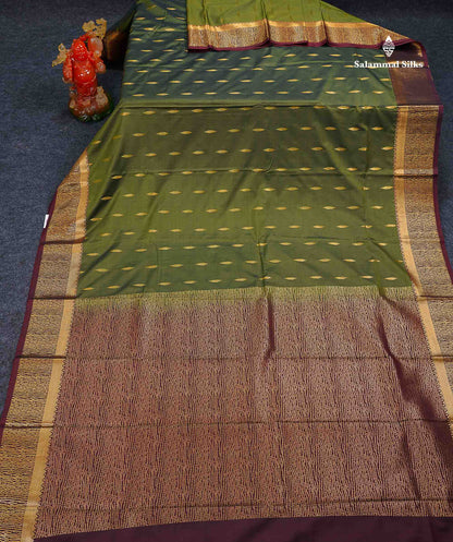 Beautiful Olive Green Malli Moggu Butta Semi Silk Saree With Contrast Dark Brown Fancy Border
