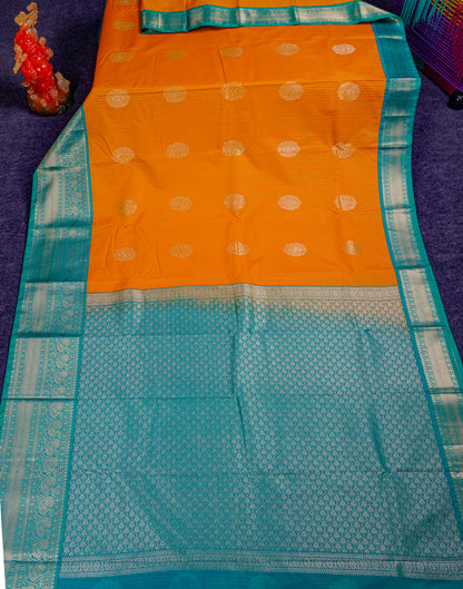 Beautiful Mango Yellow Semi Silk Saree With Contrast Sapphire Green Traditional Evening Morning Border
