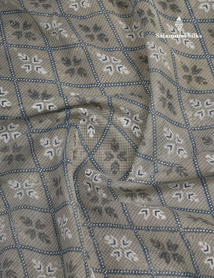 Beautiful Grey White Kota Cotton Fancy Saree With Contrast Cream Sandal Thread Work Border