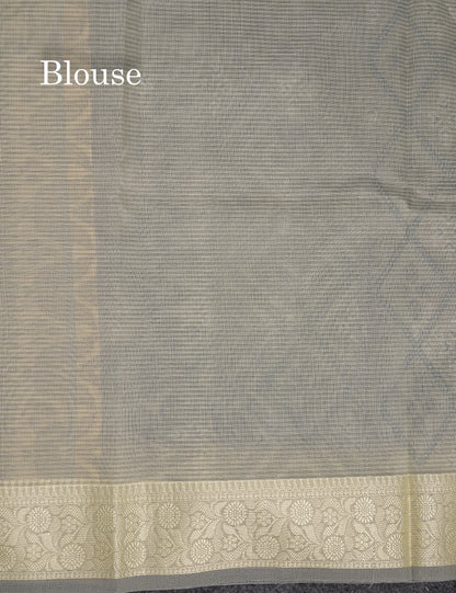 Beautiful Grey White Kota Cotton Fancy Saree With Contrast Cream Sandal Thread Work Border