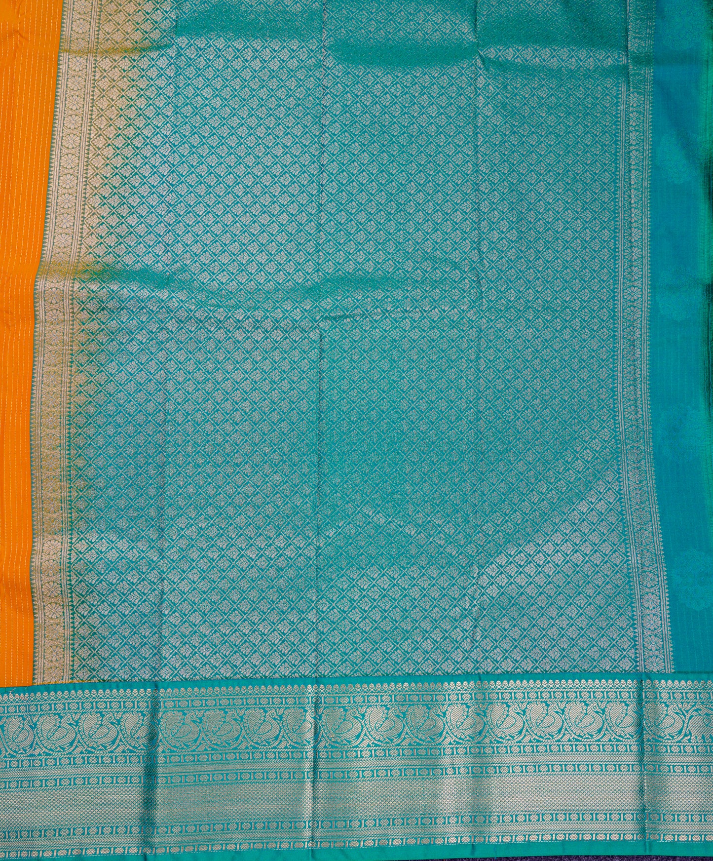 Beautiful Mango Yellow Semi Silk Saree With Contrast Sapphire Green Traditional Evening Morning Border