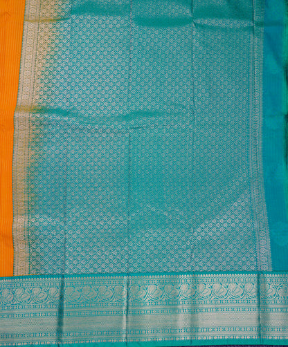 Beautiful Mango Yellow Semi Silk Saree With Contrast Sapphire Green Traditional Evening Morning Border
