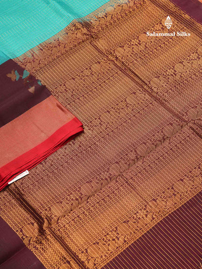 Beautiful Sapphire Blue Checks Handloom Pure Silk Cotton Saree With Dark Brown Traditional Evening Morning Border