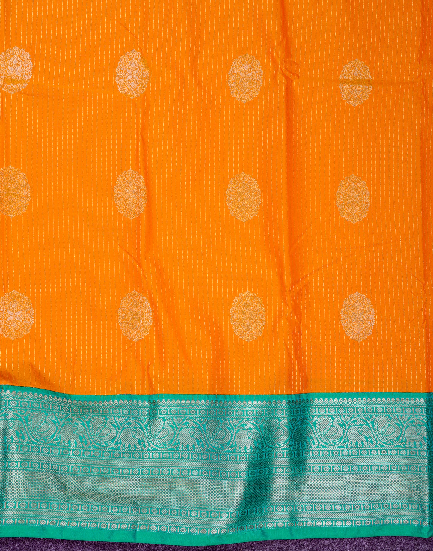 Beautiful Mango Yellow Semi Silk Saree With Contrast Sapphire Green Traditional Evening Morning Border