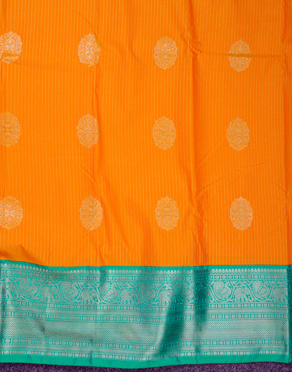 Beautiful Mango Yellow Semi Silk Saree With Contrast Sapphire Green Traditional Evening Morning Border