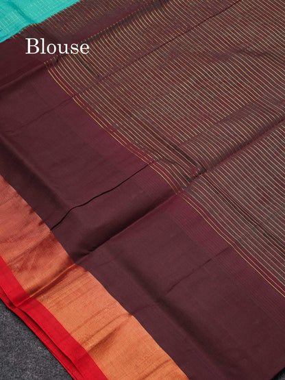 Beautiful Sapphire Blue Checks Handloom Pure Silk Cotton Saree With Dark Brown Traditional Evening Morning Border