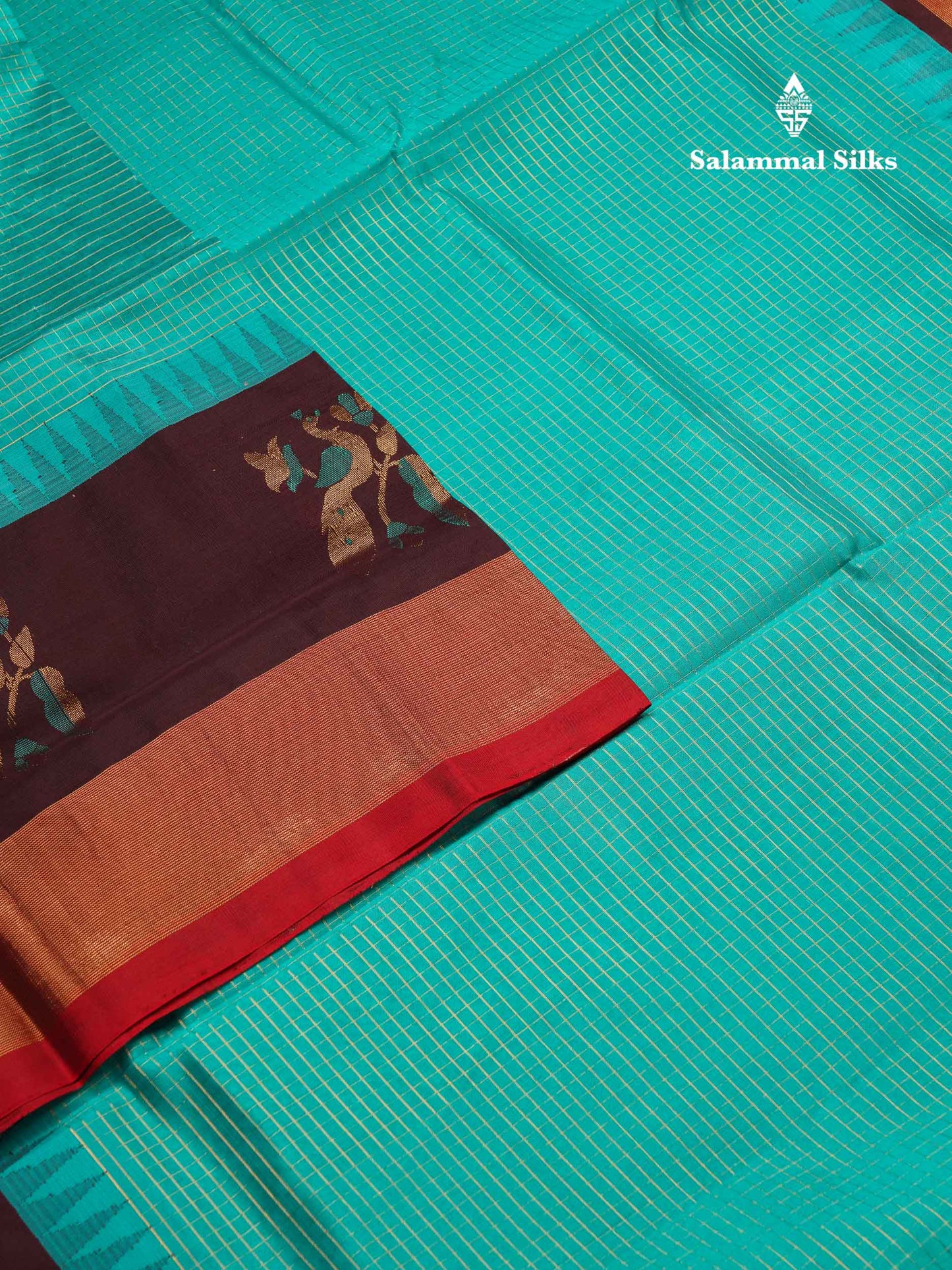 Beautiful Sapphire Blue Checks Handloom Pure Silk Cotton Saree With Dark Brown Traditional Evening Morning Border