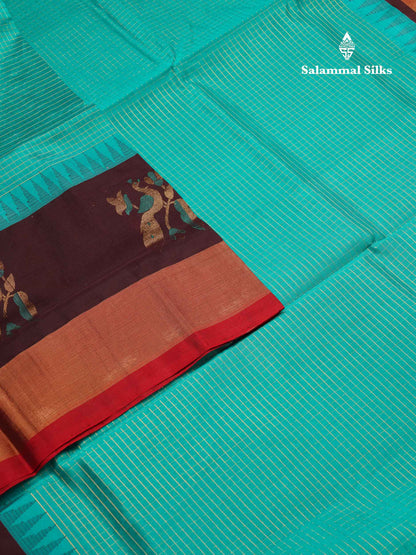 Beautiful Sapphire Blue Checks Handloom Pure Silk Cotton Saree With Dark Brown Traditional Evening Morning Border