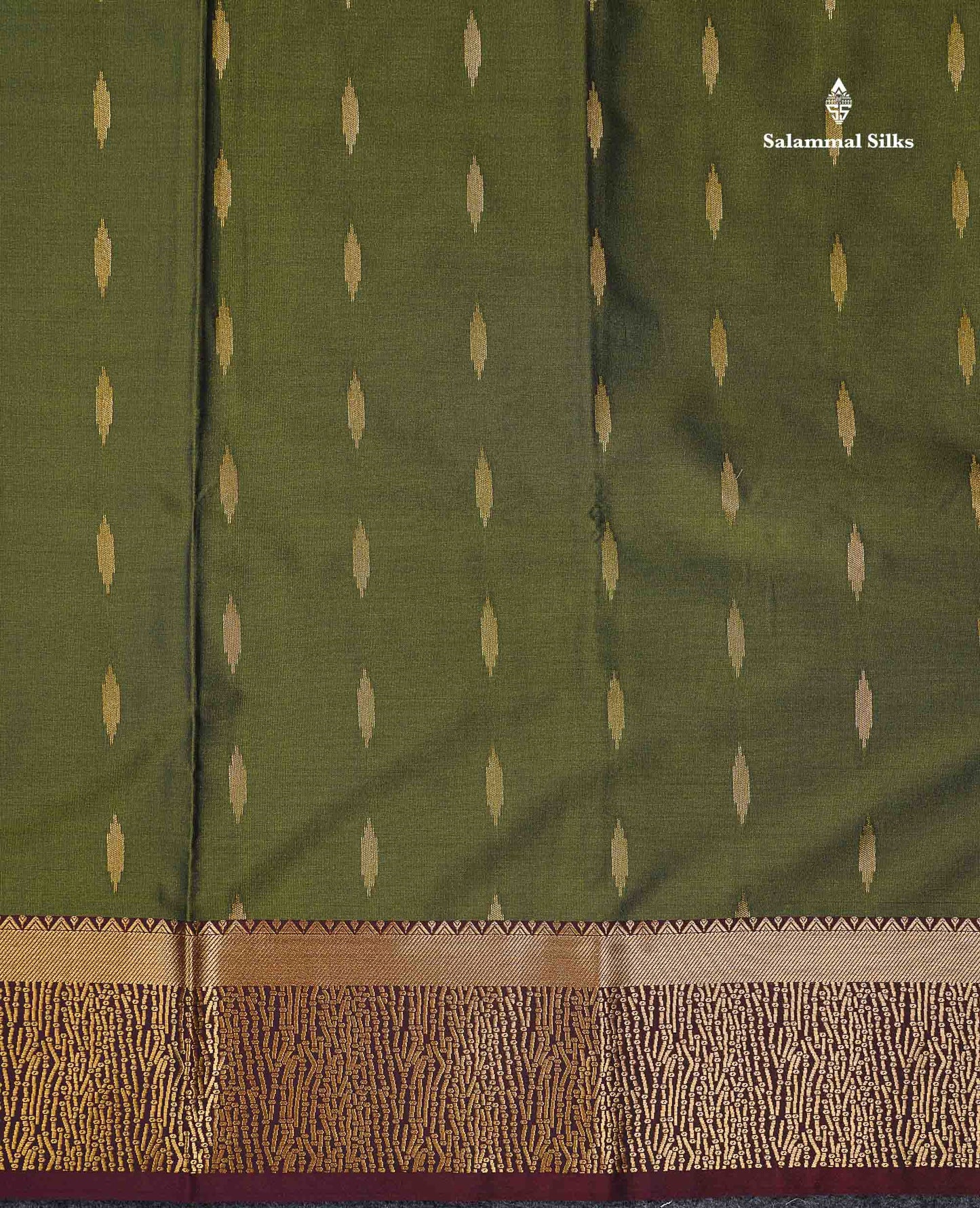 Beautiful Olive Green Malli Moggu Butta Semi Silk Saree With Contrast Dark Brown Fancy Border