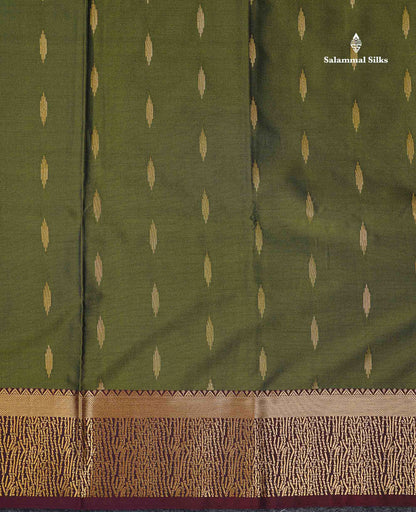 Beautiful Olive Green Malli Moggu Butta Semi Silk Saree With Contrast Dark Brown Fancy Border
