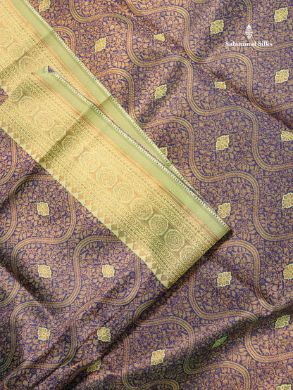 Semi Silk Saree - Navy Blue Colour Body With Contrast Manthulir Green Border