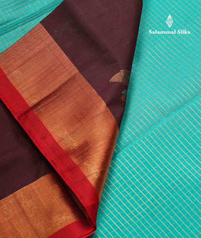 Beautiful Sapphire Blue Checks Handloom Pure Silk Cotton Saree With Dark Brown Traditional Evening Morning Border