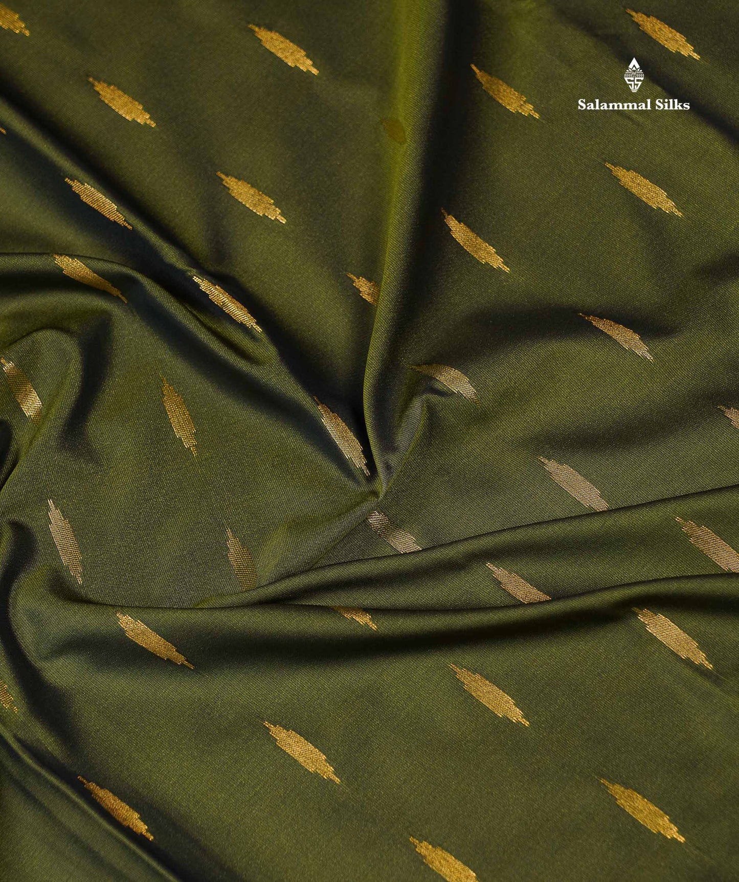 Beautiful Olive Green Malli Moggu Butta Semi Silk Saree With Contrast Dark Brown Fancy Border