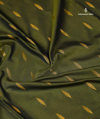 Beautiful Olive Green Malli Moggu Butta Semi Silk Saree With Contrast Dark Brown Fancy Border