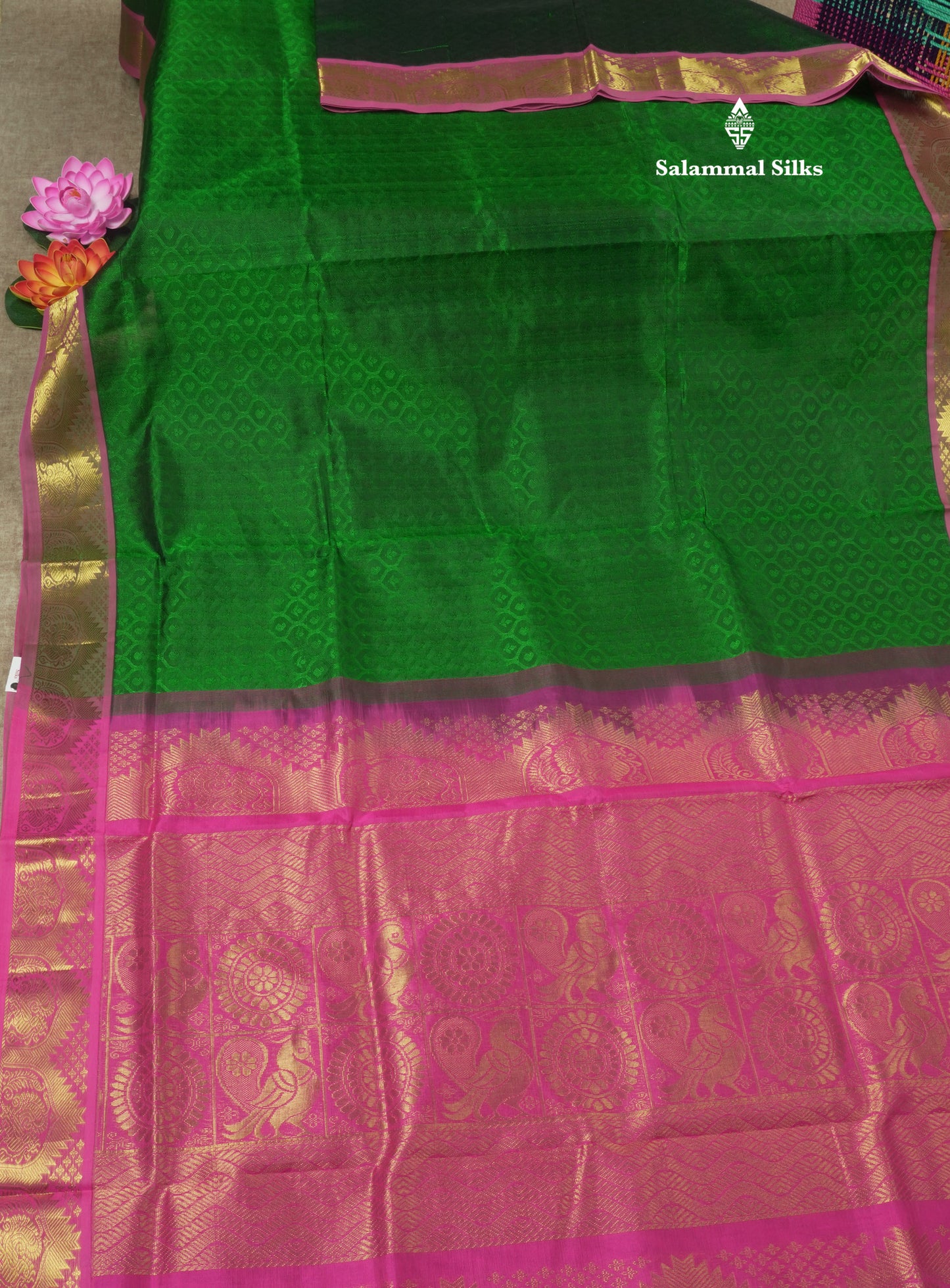 Beautiful Bottle Green Empose Design Pure Silk Cotton Saree With Gold Zari Borer