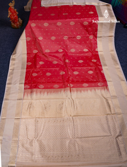 Beautiful Chilly Red Vaira Oosi Semi Silk Saree With Contrast Cream Sandal Traditional Rettapet Border
