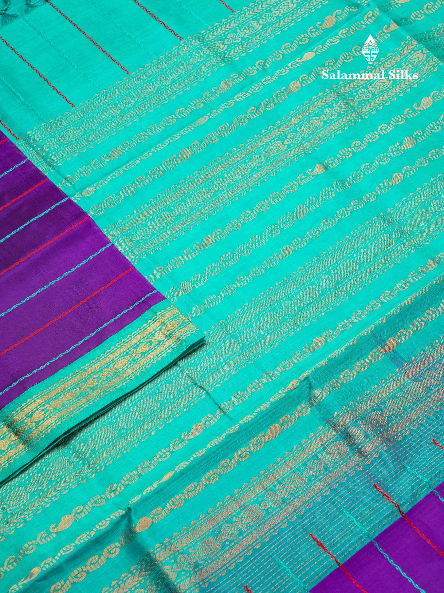 Beautiful Violet Thread Lines Handloom Pure Silk Cotton Saree With Sapphire Blue Traditional Border