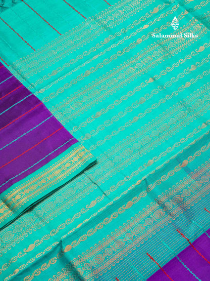 Beautiful Violet Thread Lines Handloom Pure Silk Cotton Saree With Sapphire Blue Traditional Border