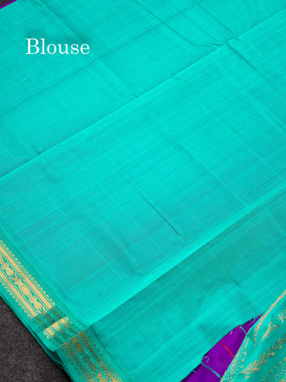 Beautiful Violet Thread Lines Handloom Pure Silk Cotton Saree With Sapphire Blue Traditional Border