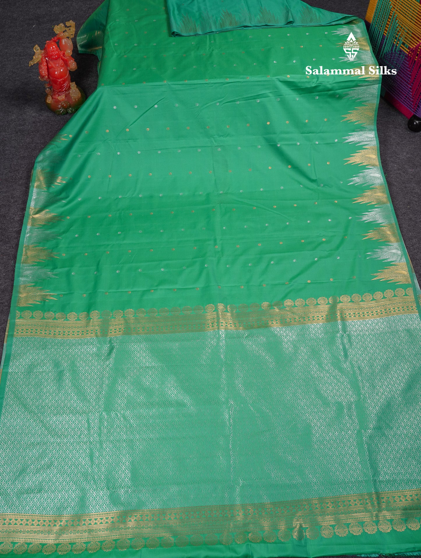 Beautiful Pink Silver & Gold Butta Semi Silk Saree With Traditional Temple Border