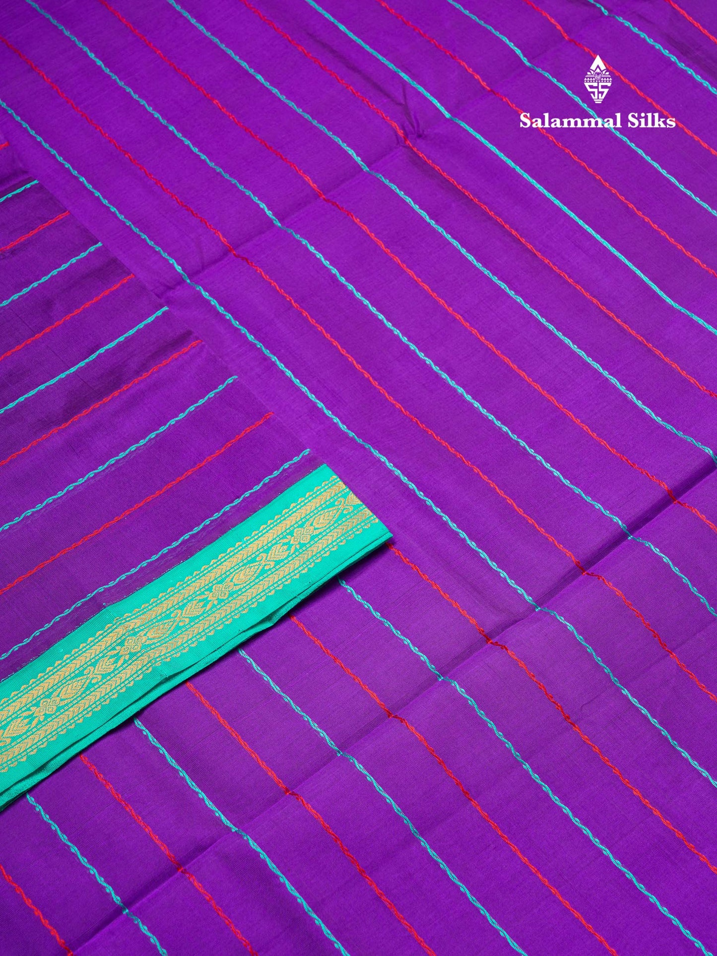 Beautiful Violet Thread Lines Handloom Pure Silk Cotton Saree With Sapphire Blue Traditional Border