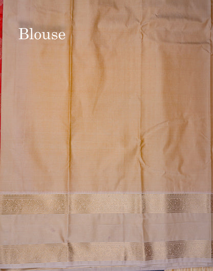 Beautiful Chilly Red Vaira Oosi Semi Silk Saree With Contrast Cream Sandal Traditional Rettapet Border