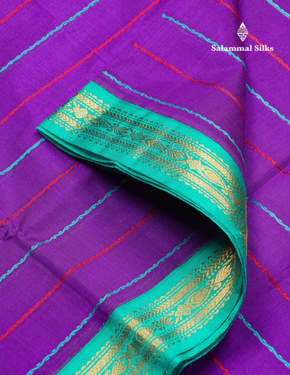 Beautiful Violet Thread Lines Handloom Pure Silk Cotton Saree With Sapphire Blue Traditional Border