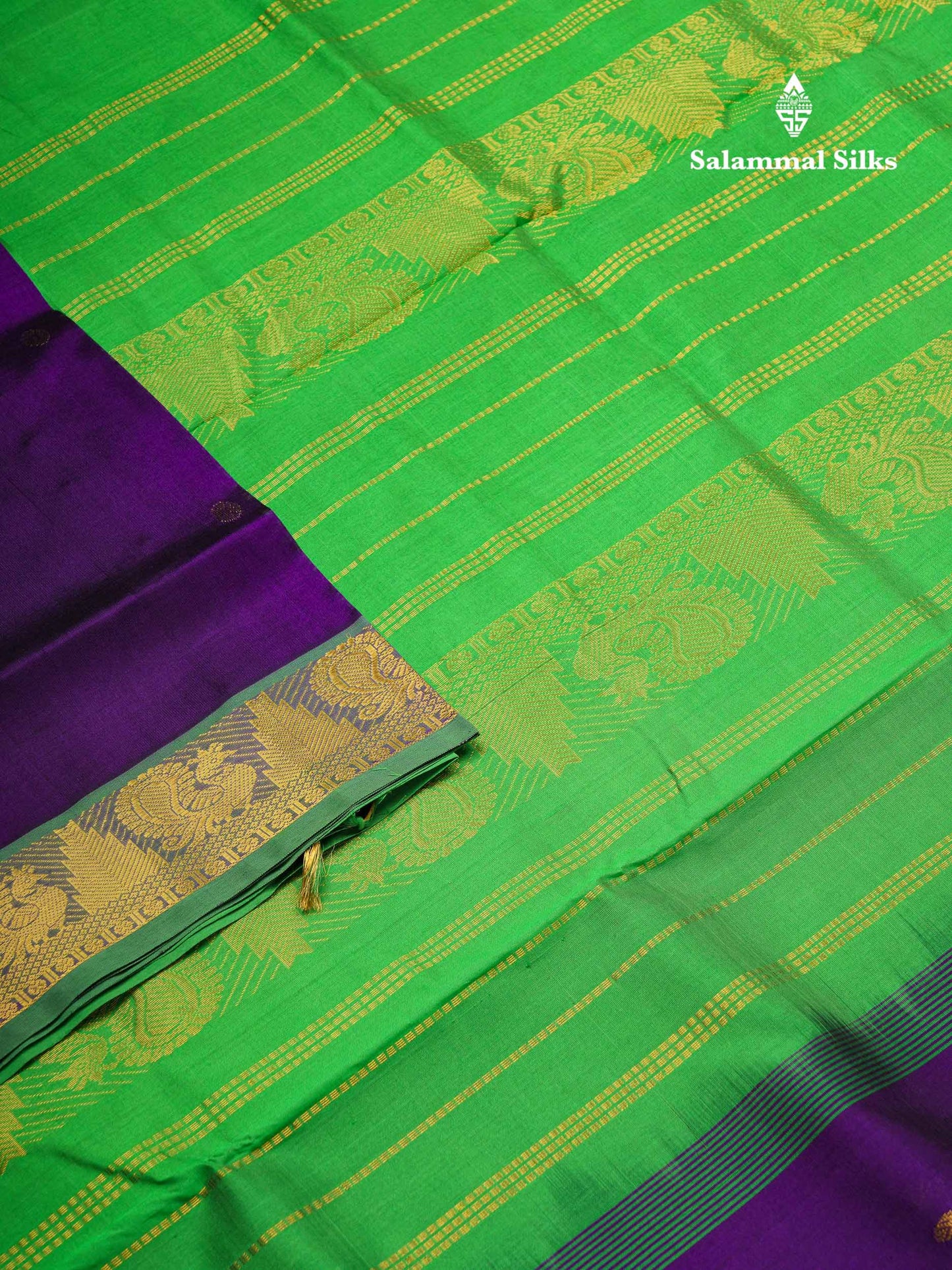Beautiful Dark Violet Handloom Pure Silk Cotton Saree With Green Traditional Border
