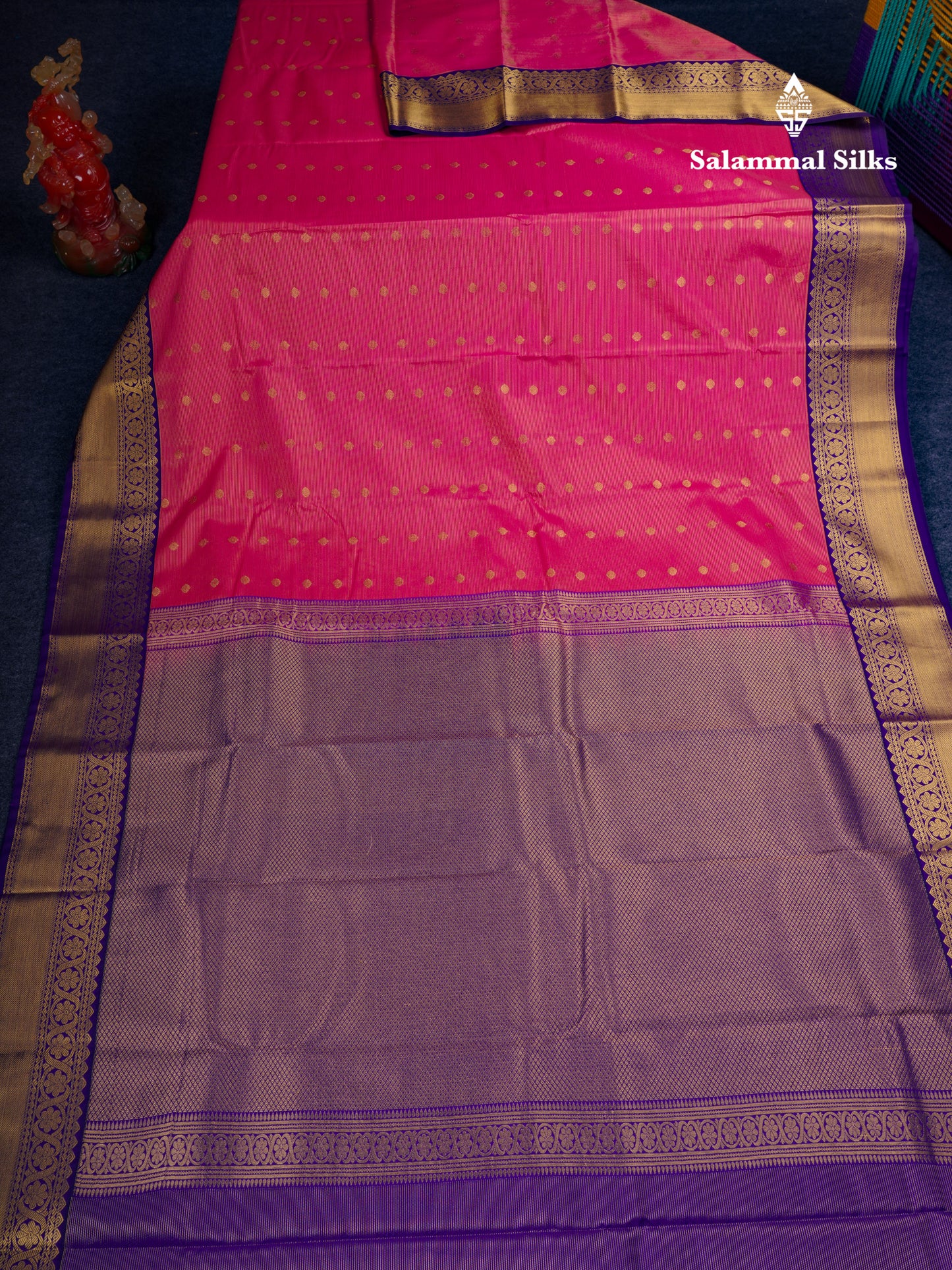 Beautiful Pink Vaira Oosi Semi Silk Saree With Contrast Violet Traditional Border