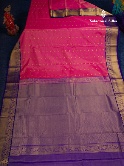 Beautiful Pink Vaira Oosi Semi Silk Saree With Contrast Violet Traditional Border