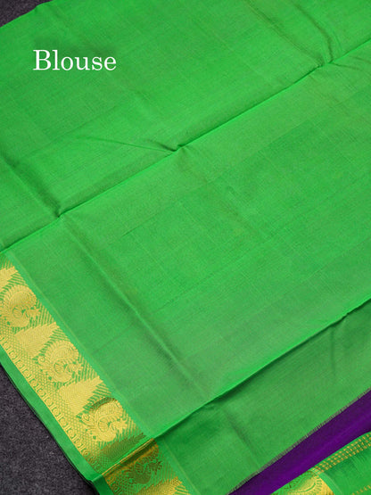 Beautiful Dark Violet Handloom Pure Silk Cotton Saree With Green Traditional Border