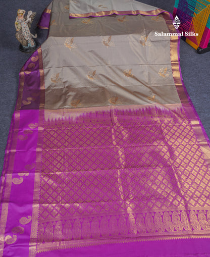 Elephant Grey Semi Silk Saree With Contrast Dark Purple Evening Morning Border