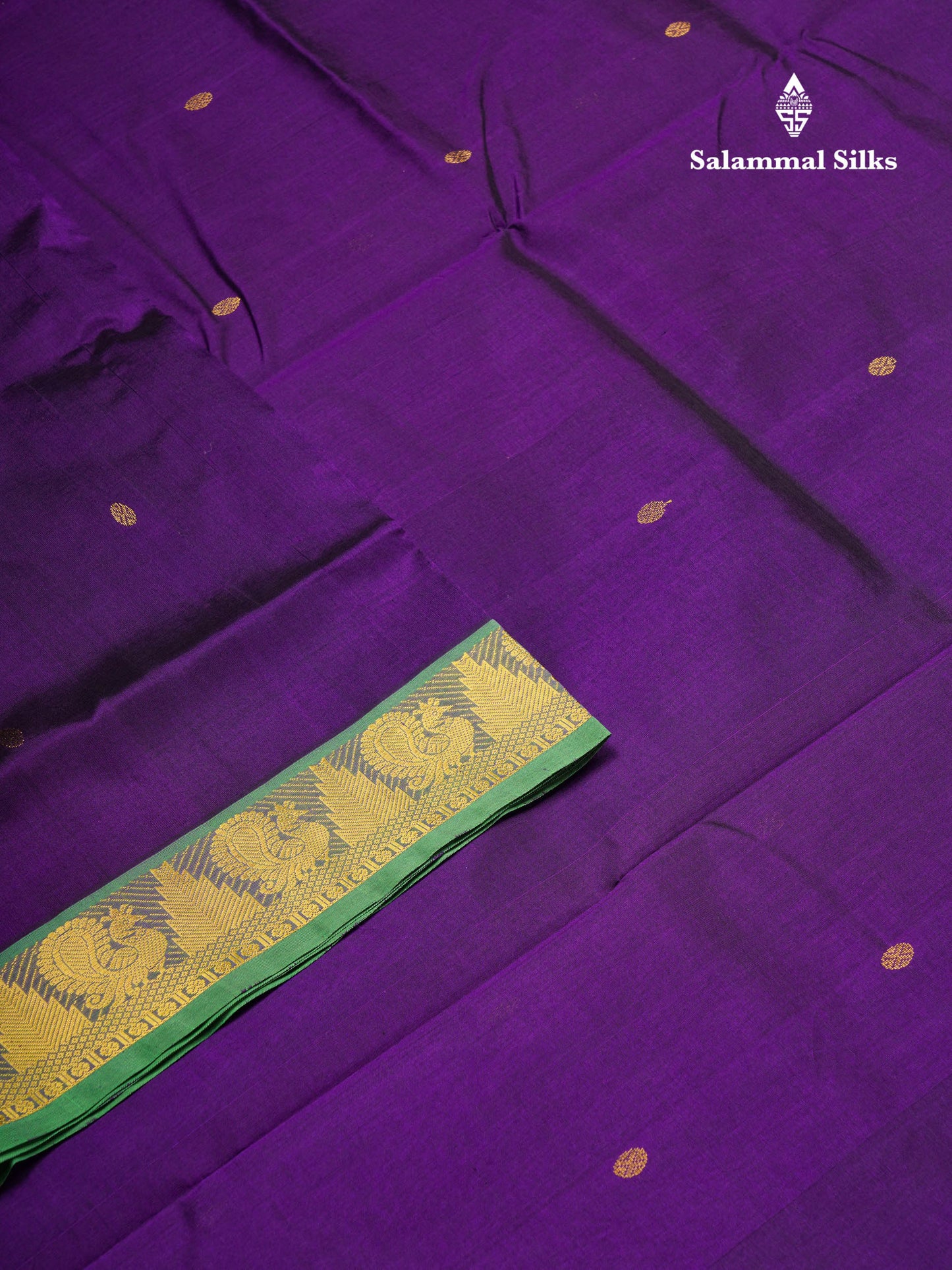Beautiful Dark Violet Handloom Pure Silk Cotton Saree With Green Traditional Border
