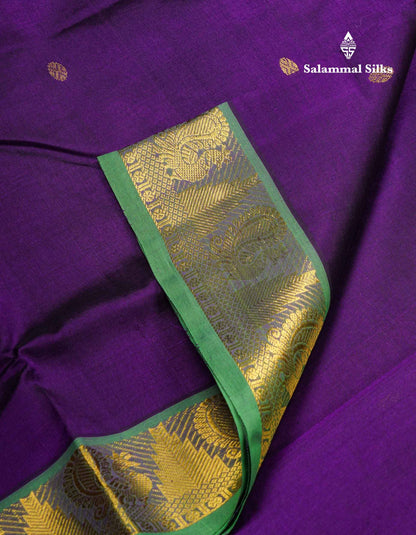 Beautiful Dark Violet Handloom Pure Silk Cotton Saree With Green Traditional Border
