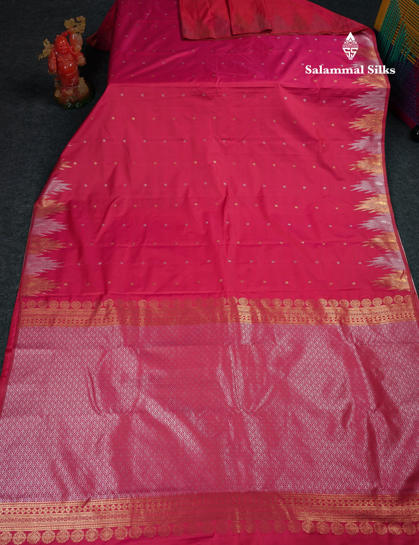Beautiful Pink Silver & Gold Butta Semi Silk Saree With Traditional Temple Border