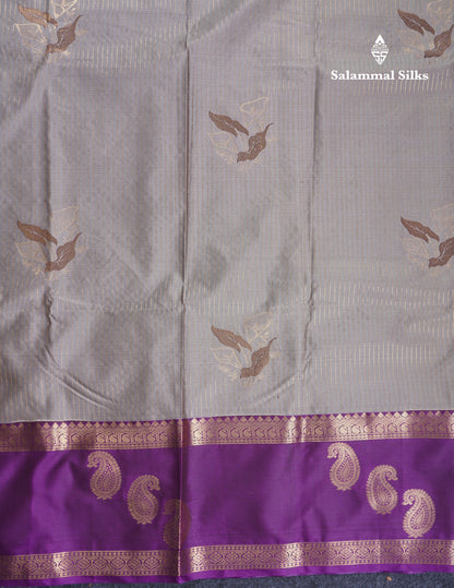 Elephant Grey Semi Silk Saree With Contrast Dark Purple Evening Morning Border