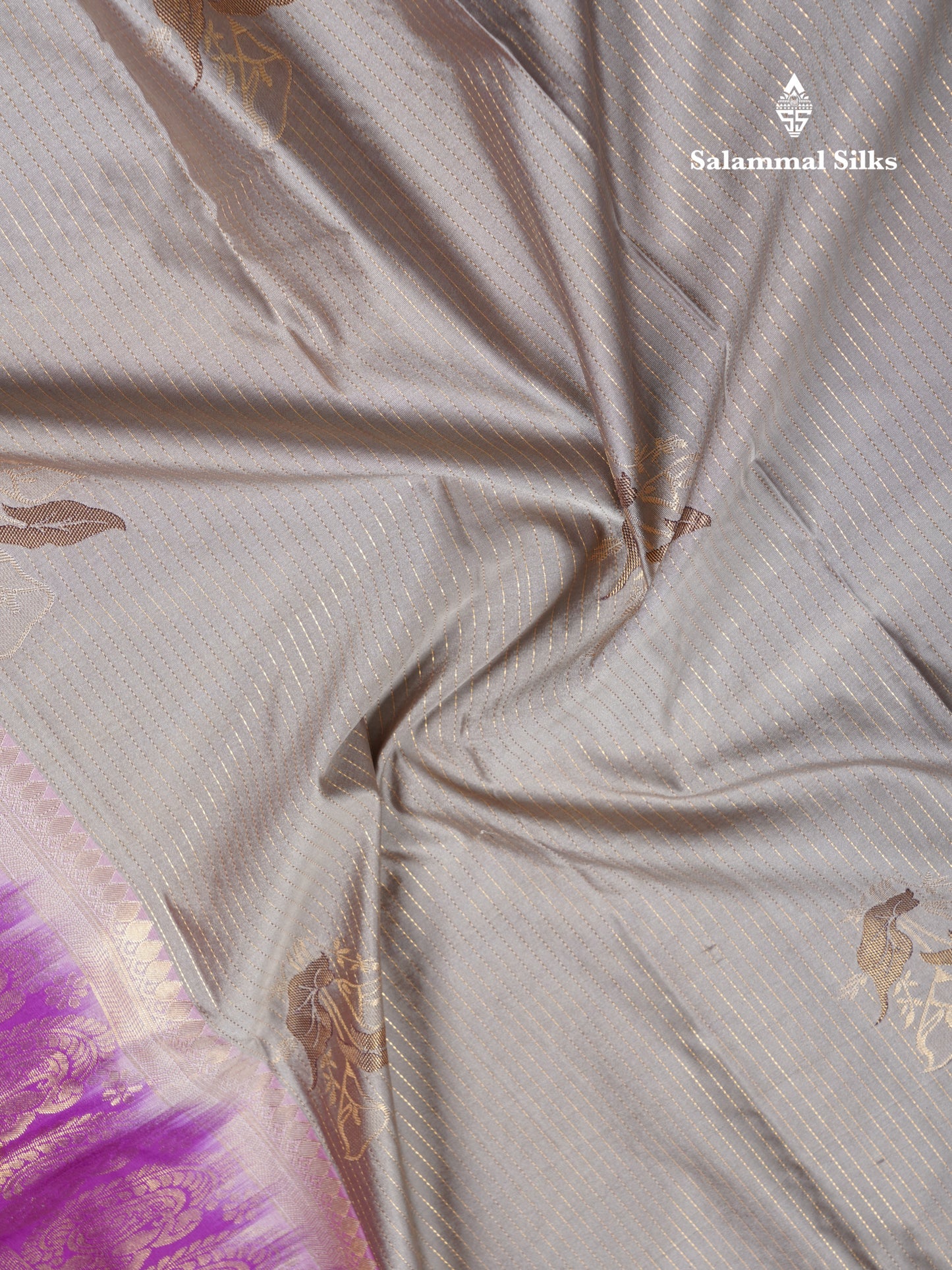 Elephant Grey Semi Silk Saree With Contrast Dark Purple Evening Morning Border