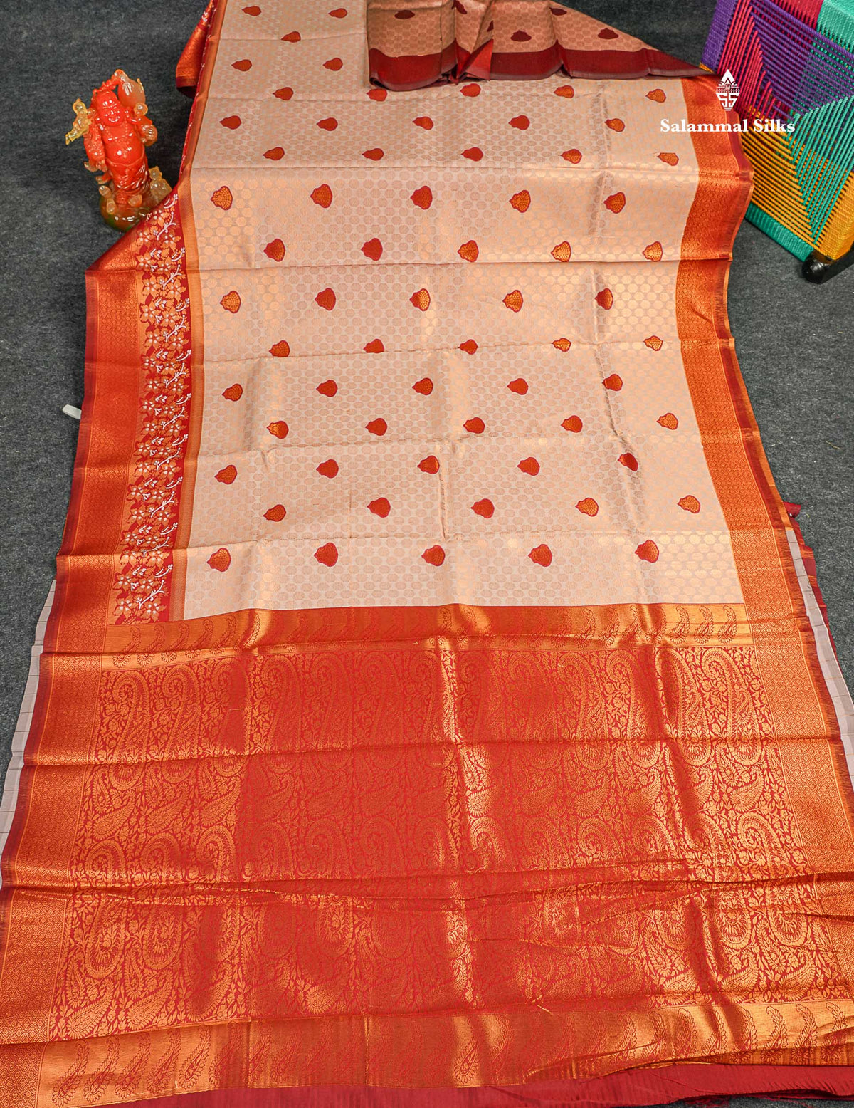 Semi Silk Saree - Peach Colour Body With Contrast Maroon Fancy Border