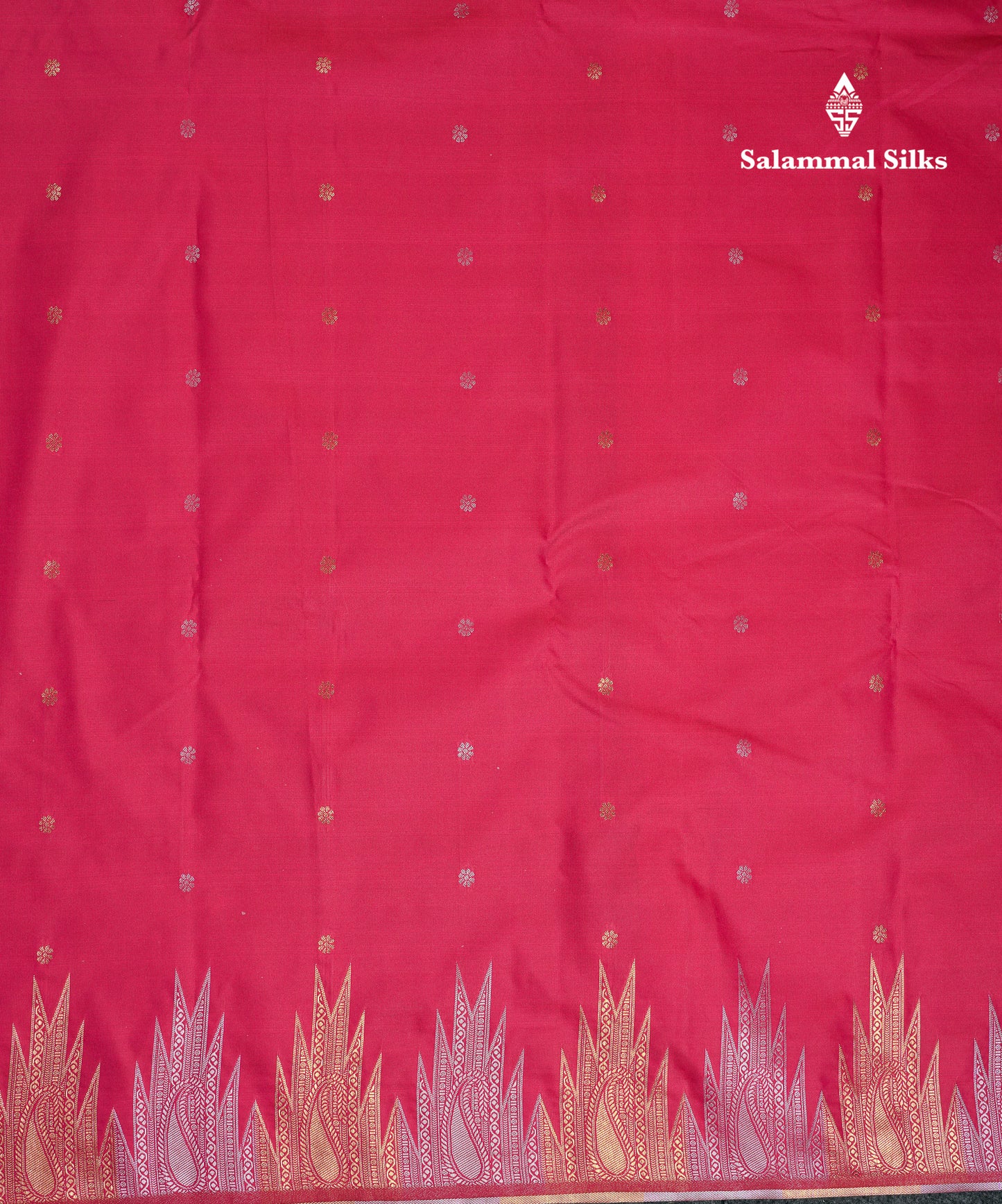 Beautiful Pink Silver & Gold Butta Semi Silk Saree With Traditional Temple Border